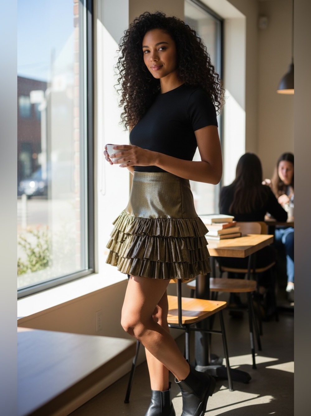 FP One Free People Metallic Gold Tiered Ruffle Mini Skirt